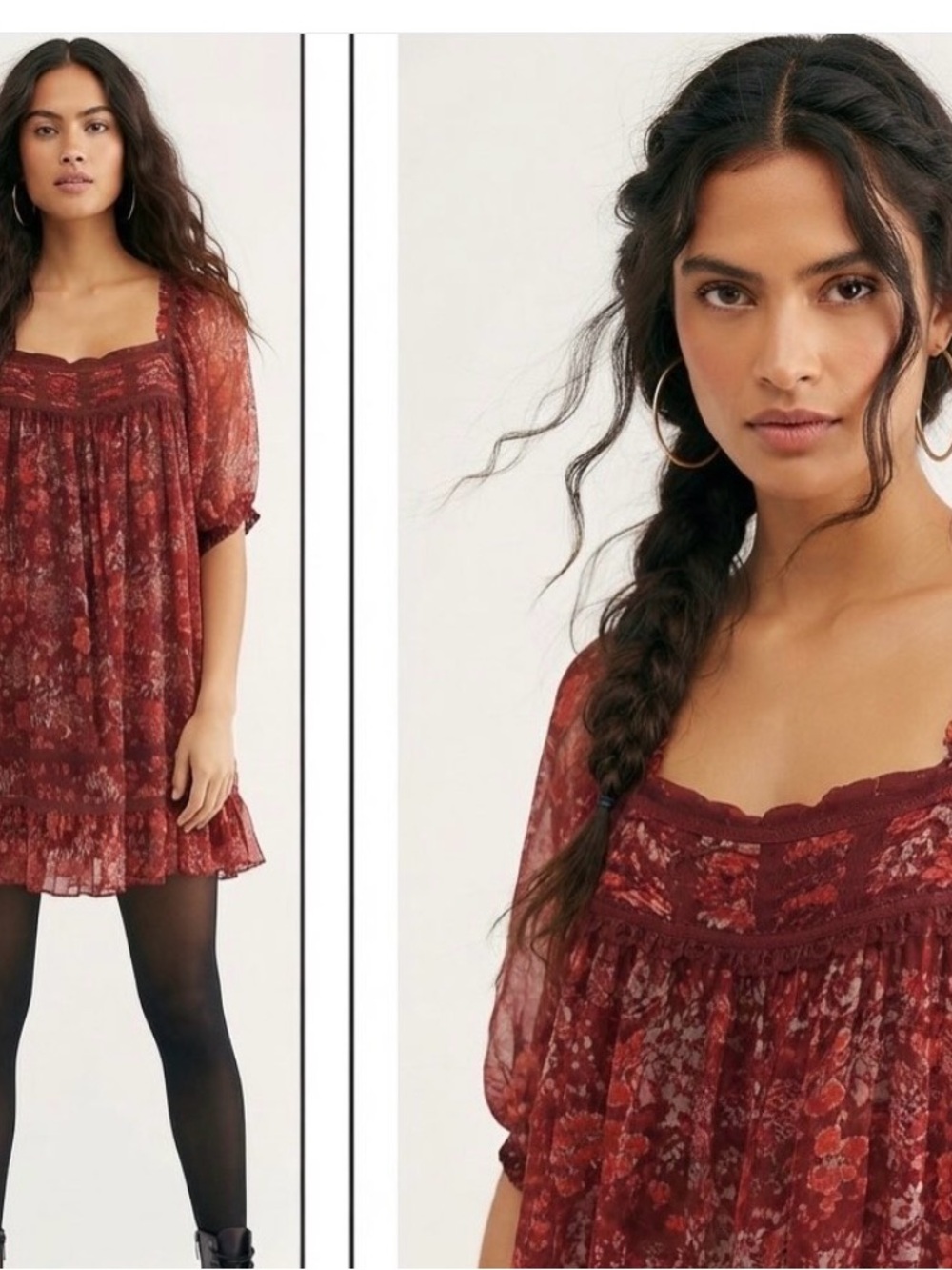 Free People Burgundy Floral Lace-Trim Mini Dress